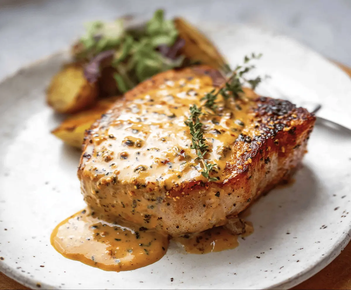 Juicy Dijon Pork Chops garnished with fresh herbs served on a plate, perfect for a flavorful dinner recipe