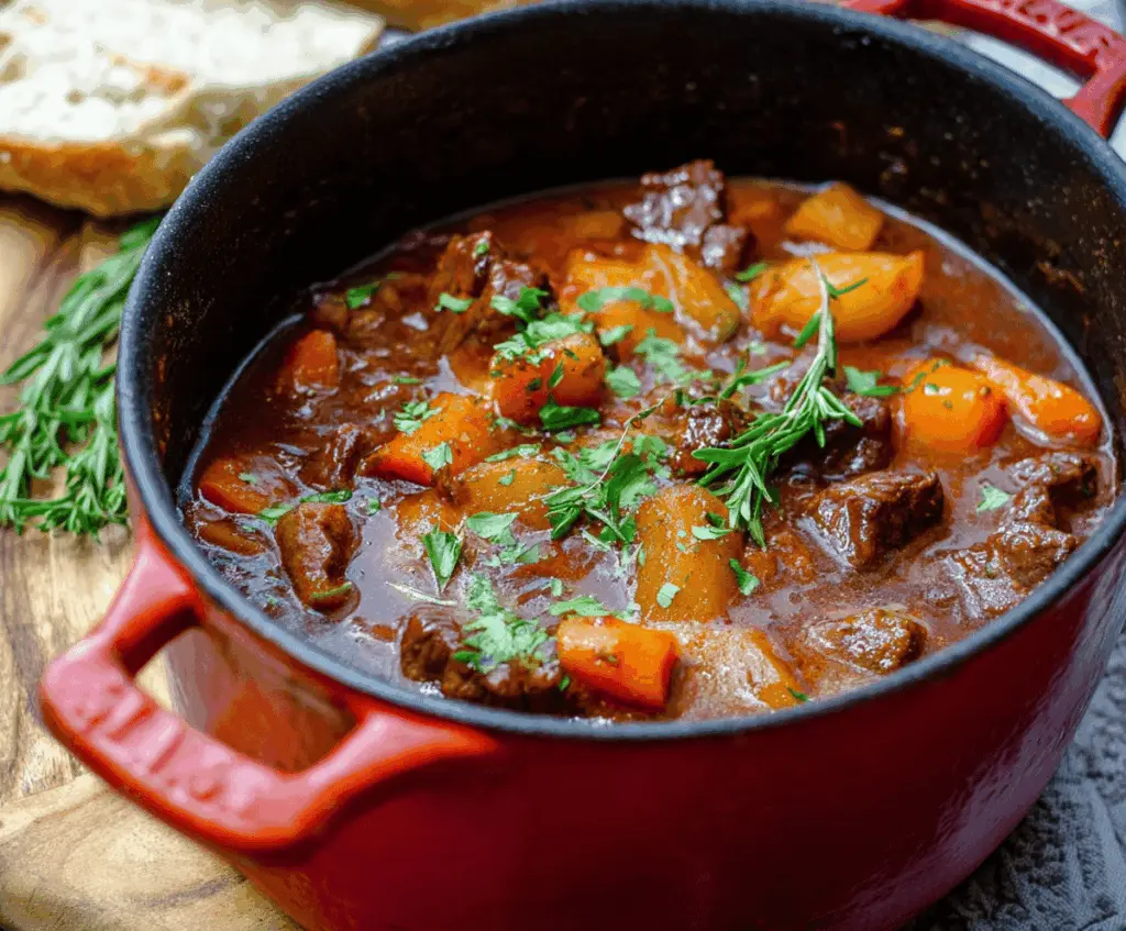 Hearty Dutch Oven Beef Stew with tender beef chunks, carrots, potatoes, and fresh herbs in a rustic dish