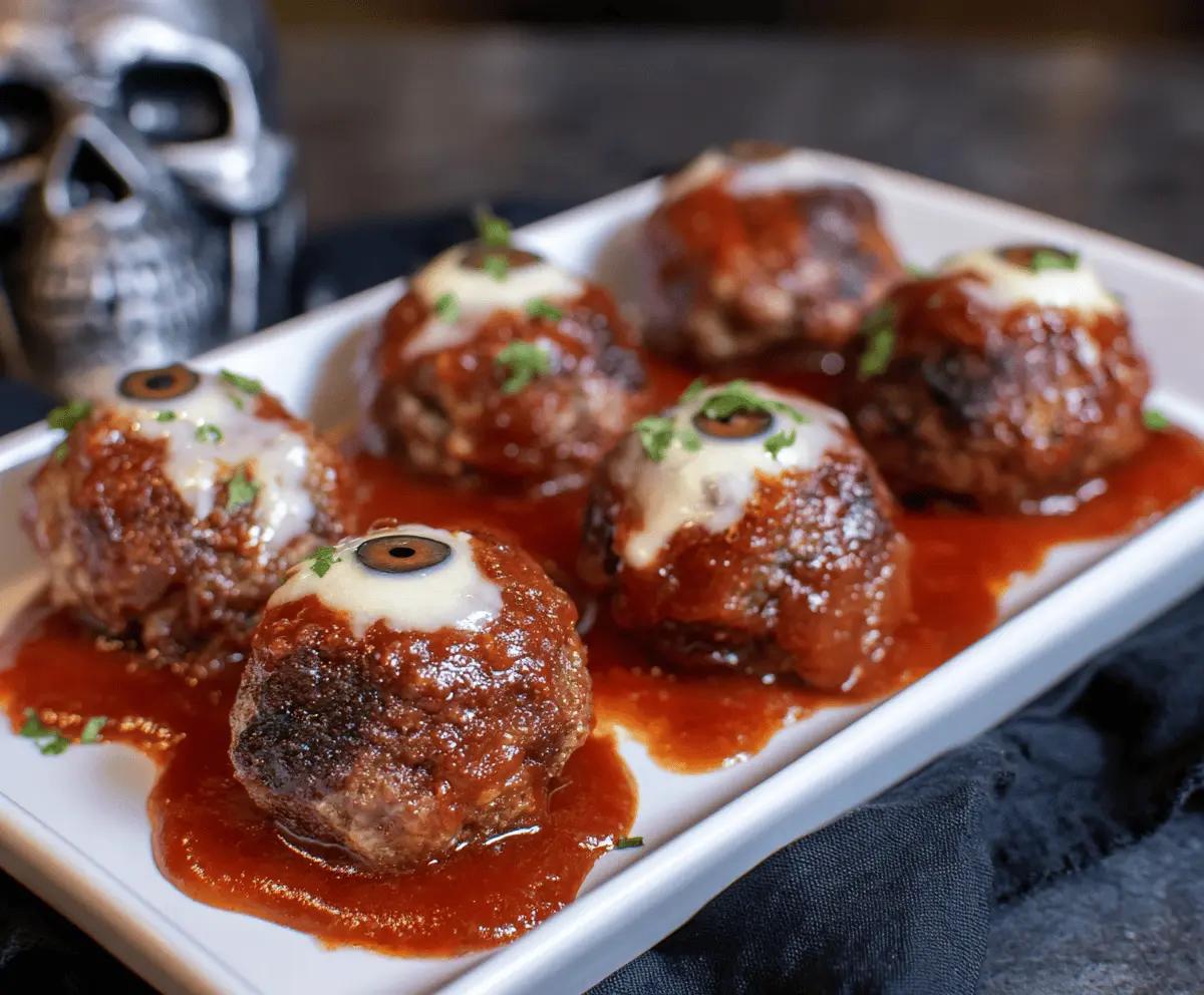 Spooky Eyeball Meatballs served on a platter, perfect for Halloween-themed parties