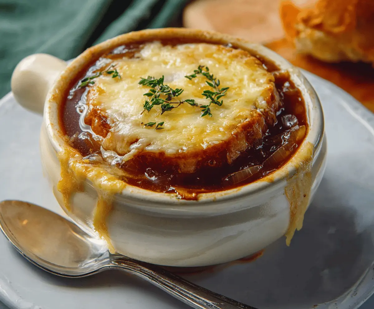 Delicious homemade French Onion Soup topped with melted cheese and toasted baguette slices, served in a rustic bowl.