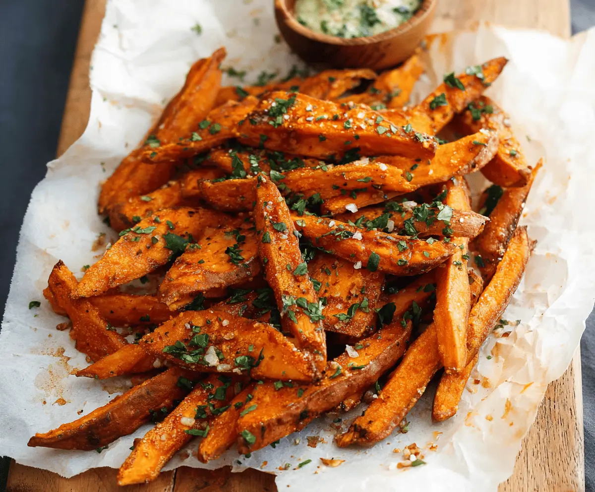 Golden garlic sweet potato fries on a rustic wooden plate, seasoned with herbs and served with dipping sauce.