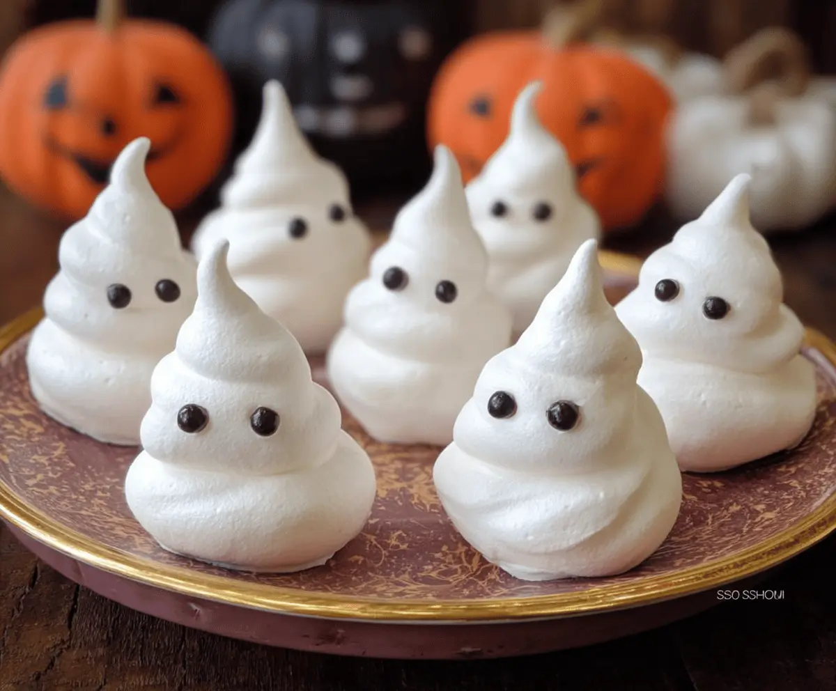 Sweet ghost-shaped meringues with adorable faces, perfect for Halloween treats