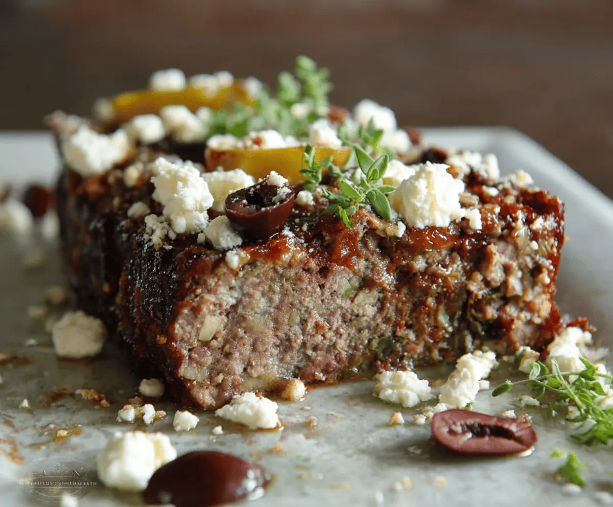 Delicious homemade Greek meatloaf topped with herbs and lemon slices, served on a rustic wooden table, ready to enjoy.