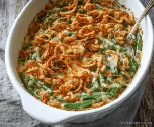 Delicious Green Bean Casserole topped with crispy fried onions, served in a baking dish
