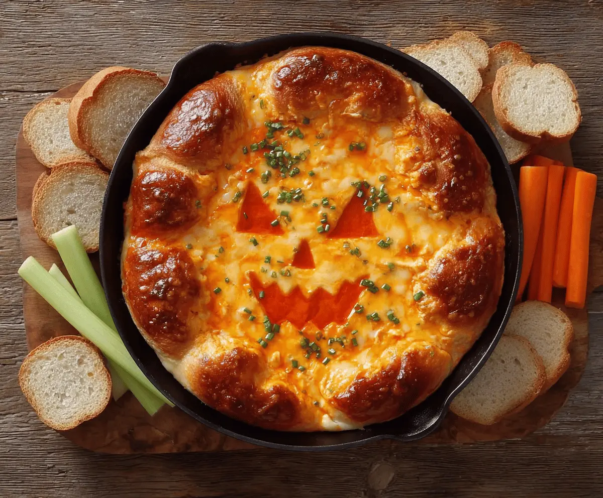Spooky Halloween Buffalo Chicken Dip served in a festive bowl with celery sticks and tortilla chips, perfect for Halloween parties