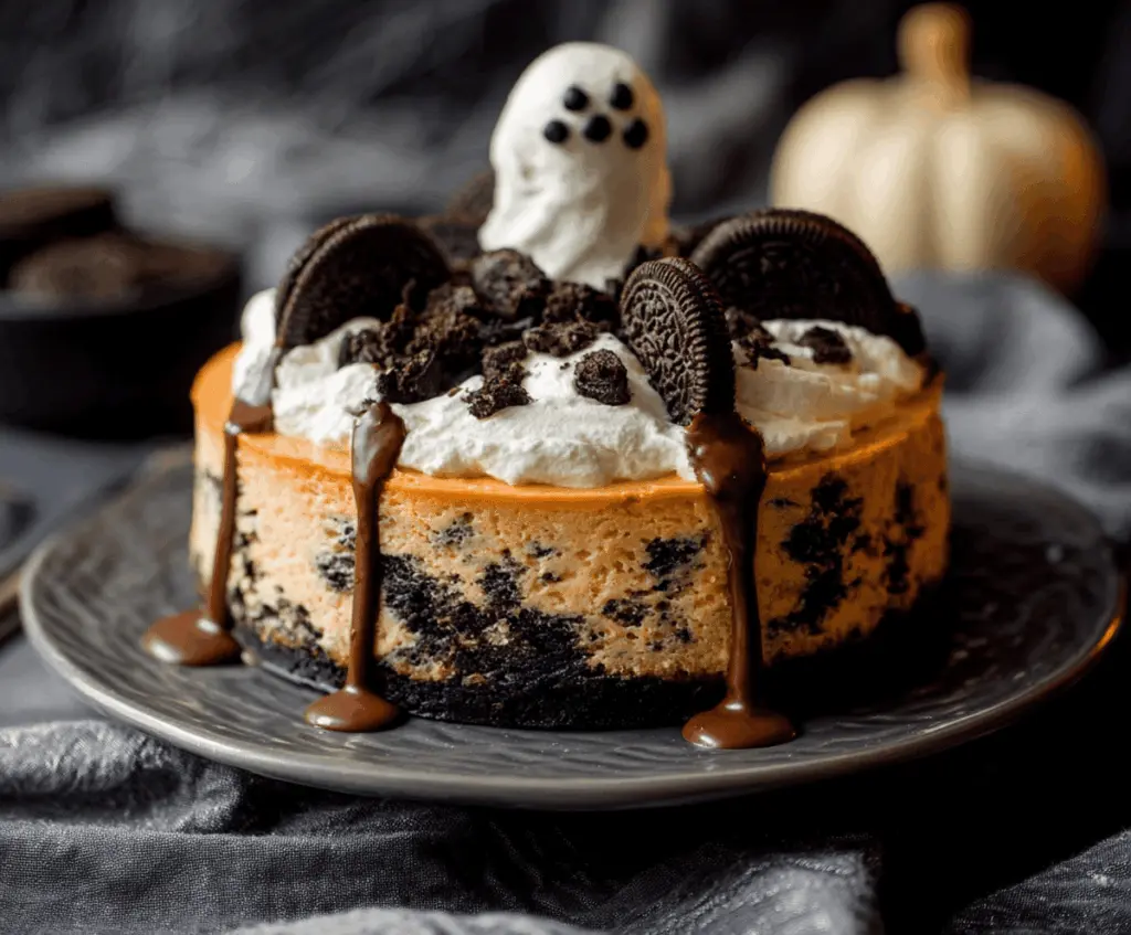 Delicious Halloween Cookies and Cream Cheesecake topped with Oreo cookies and spooky decorations on a festive plate