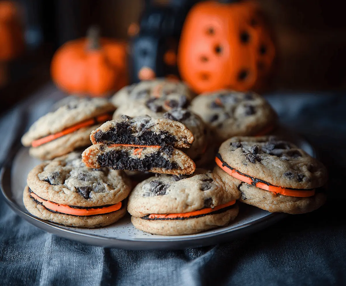 Delicious Halloween Oreo-stuffed chocolate chip cookies with spooky festive decorations and colorful candies for a fun Halloween treat