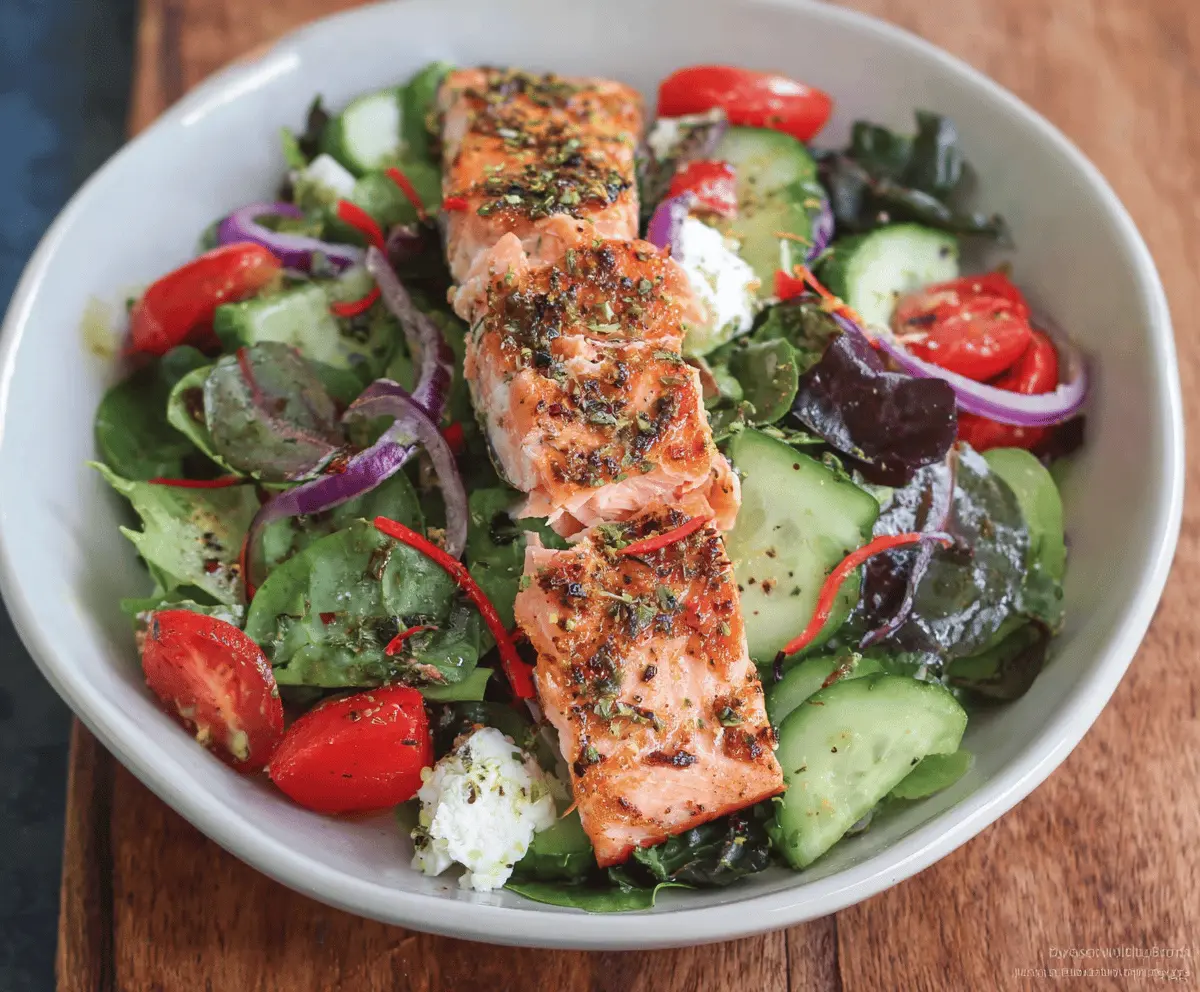 Fresh healthy salmon salad featuring flaked salmon, mixed greens, cherry tomatoes, cucumber slices, and a light vinaigrette dressing.