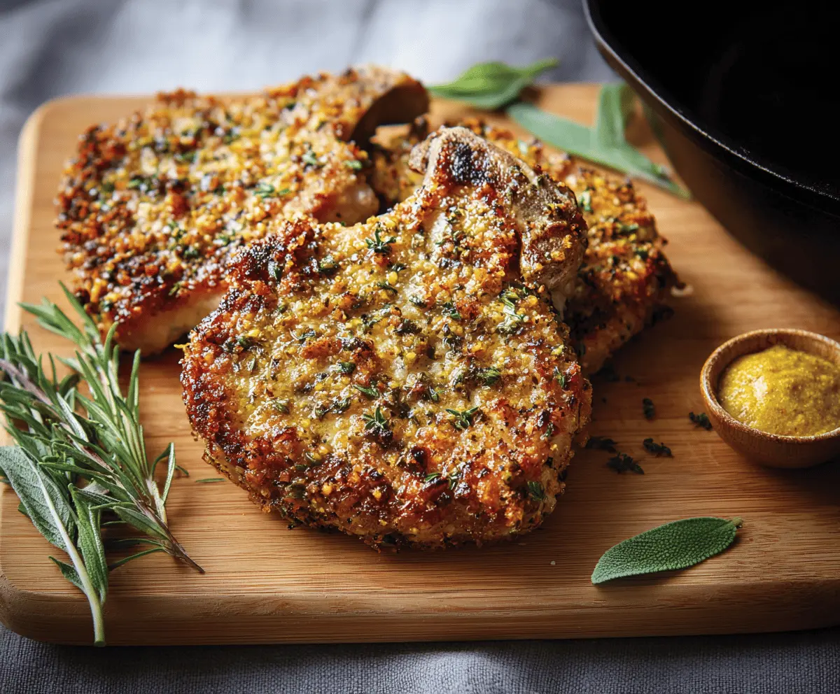Juicy herb-crusted pork chops garnished with fresh herbs on a rustic wooden platter, ready to serve