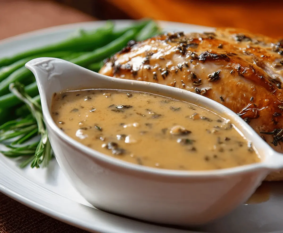 Rich herbed turkey gravy served over roasted turkey for a flavorful holiday meal.