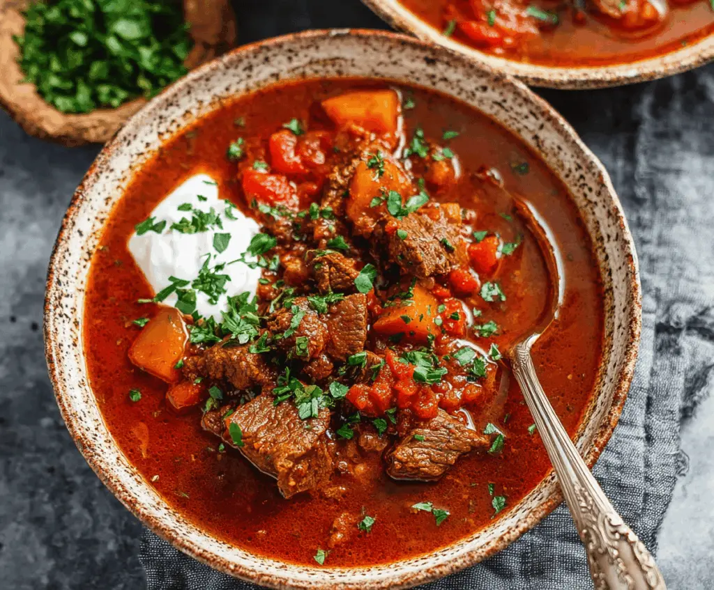 Hearty Hungarian Goulash in a rustic bowl, featuring tender beef, vibrant paprika sauce, potatoes, and fresh herbs.