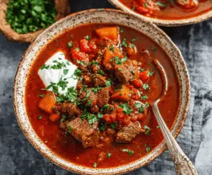 Hearty Hungarian Goulash in a rustic bowl, featuring tender beef, vibrant paprika sauce, potatoes, and fresh herbs.