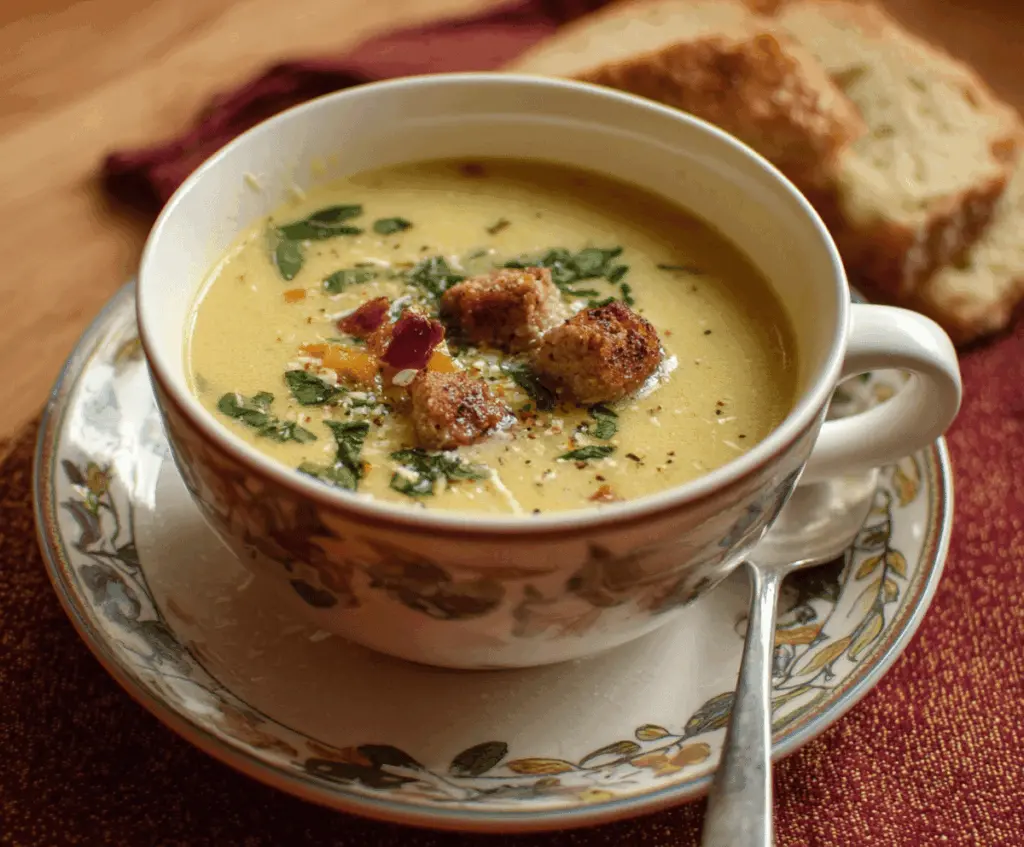 A steaming bowl of Italian garlic soup garnished with fresh herbs and crispy bread croutons, served in a rustic ceramic bowl.