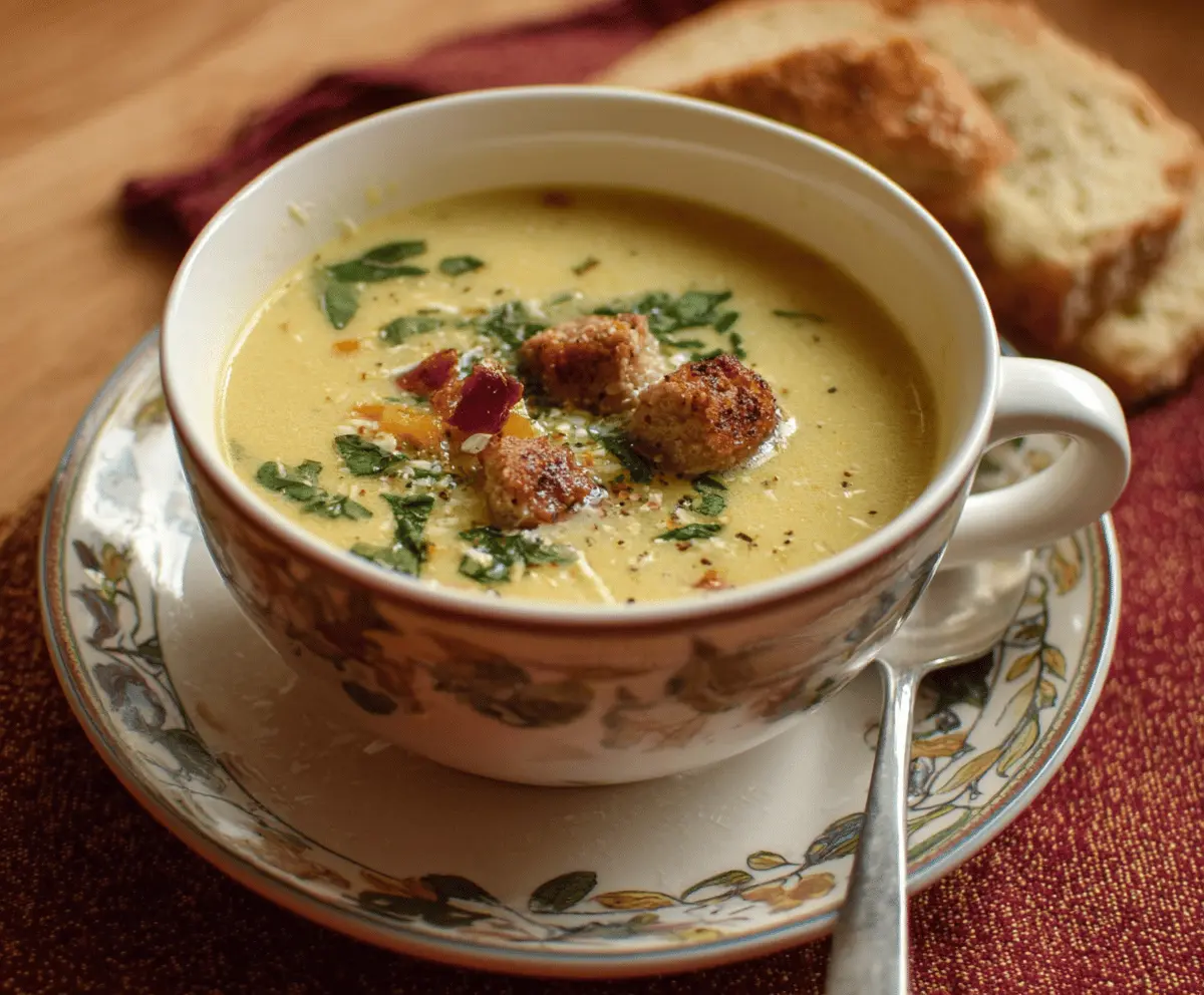 A steaming bowl of Italian garlic soup garnished with fresh herbs and crispy bread croutons, served in a rustic ceramic bowl.