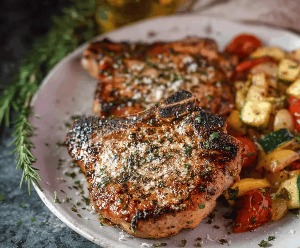 Juicy Italian pork chops cooked to perfection, garnished with fresh herbs and served with roasted vegetables