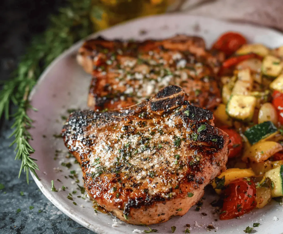 Juicy Italian pork chops cooked to perfection, garnished with fresh herbs and served with roasted vegetables