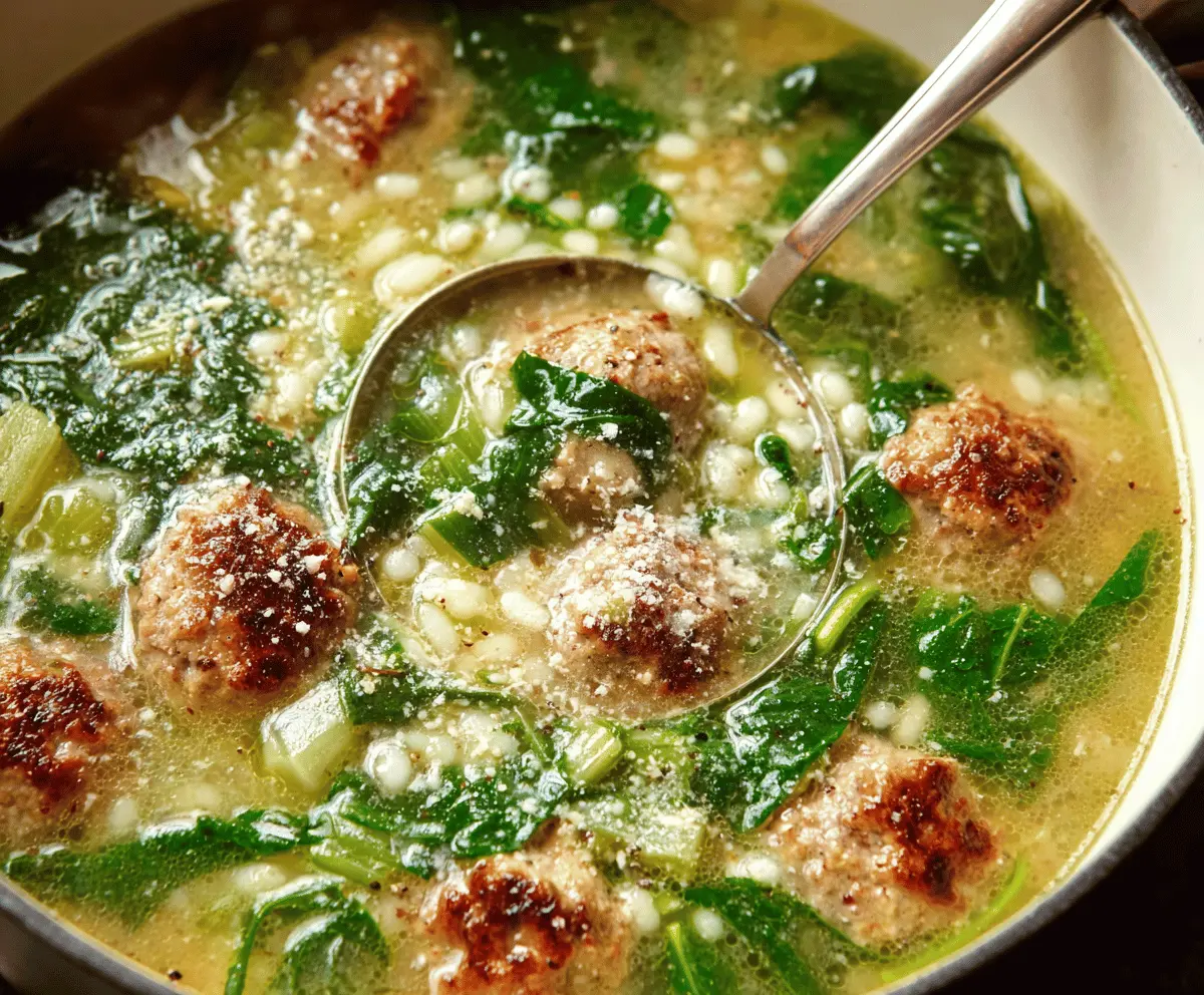 A bowl of Italian Wedding Soup featuring meatball, spinach, and pasta in a flavorful broth, served with fresh herbs.
