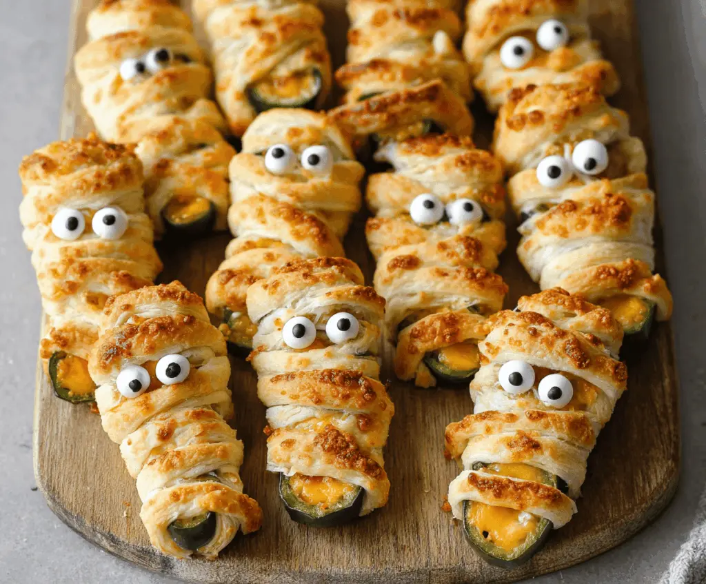 Delicious Jalapeño Popper Mummies wrapped in puff pastry with melted cheese and crispy bacon, perfect for a spicy appetizer or Halloween party snack.