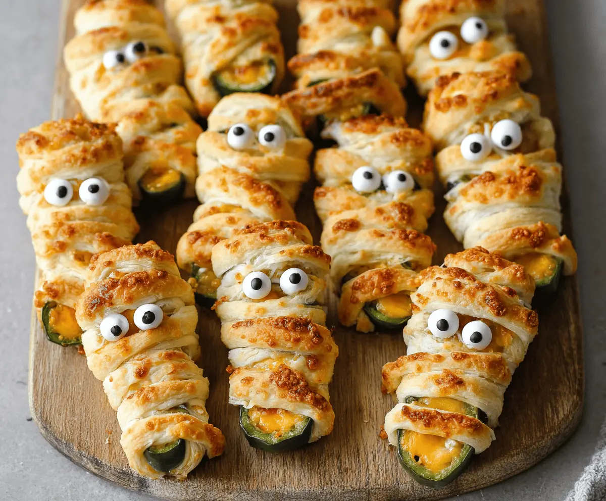 Delicious Jalapeño Popper Mummies wrapped in puff pastry with melted cheese and crispy bacon, perfect for a spicy appetizer or Halloween party snack.