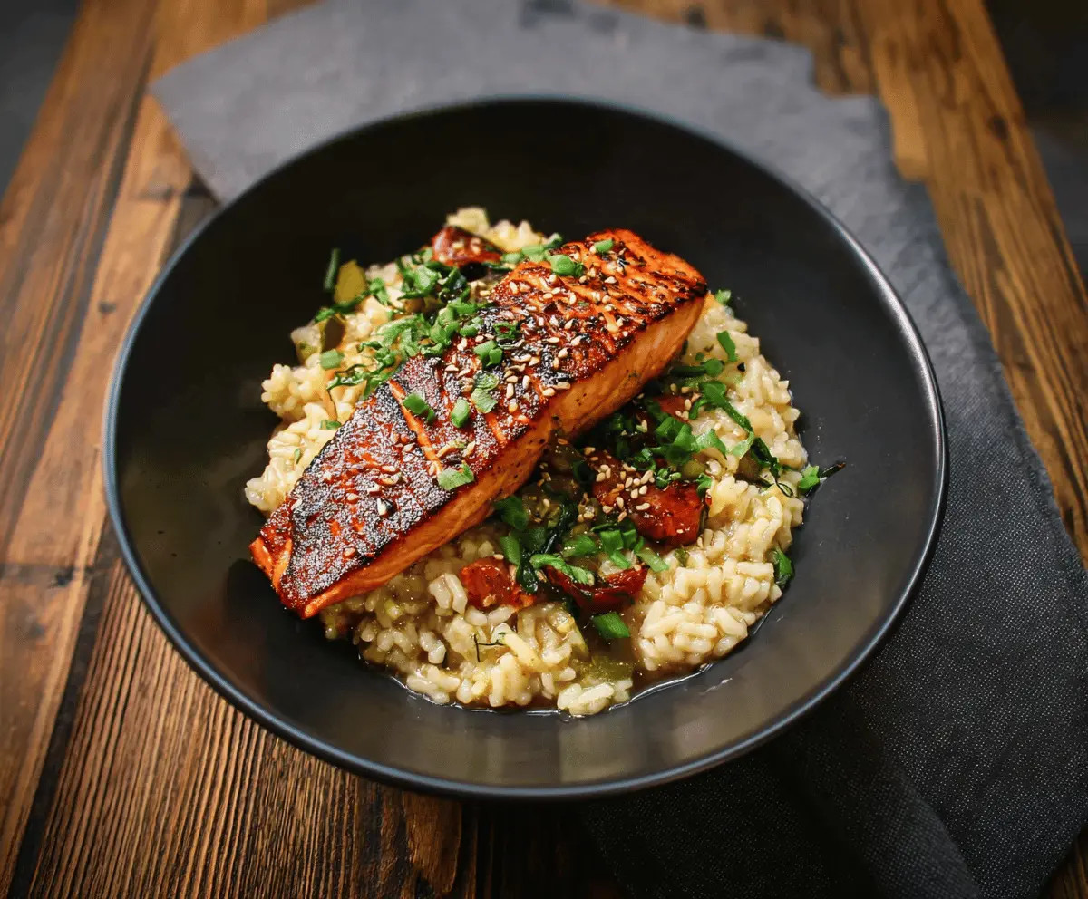 Creamy Japanese-style risotto topped with perfectly seared salmon fillet, garnished with green onions and sesame seeds, served on a white plate