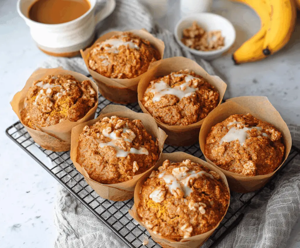 Delicious jumbo pumpkin banana muffins with a golden-brown crust, perfect for fall breakfast or snack time