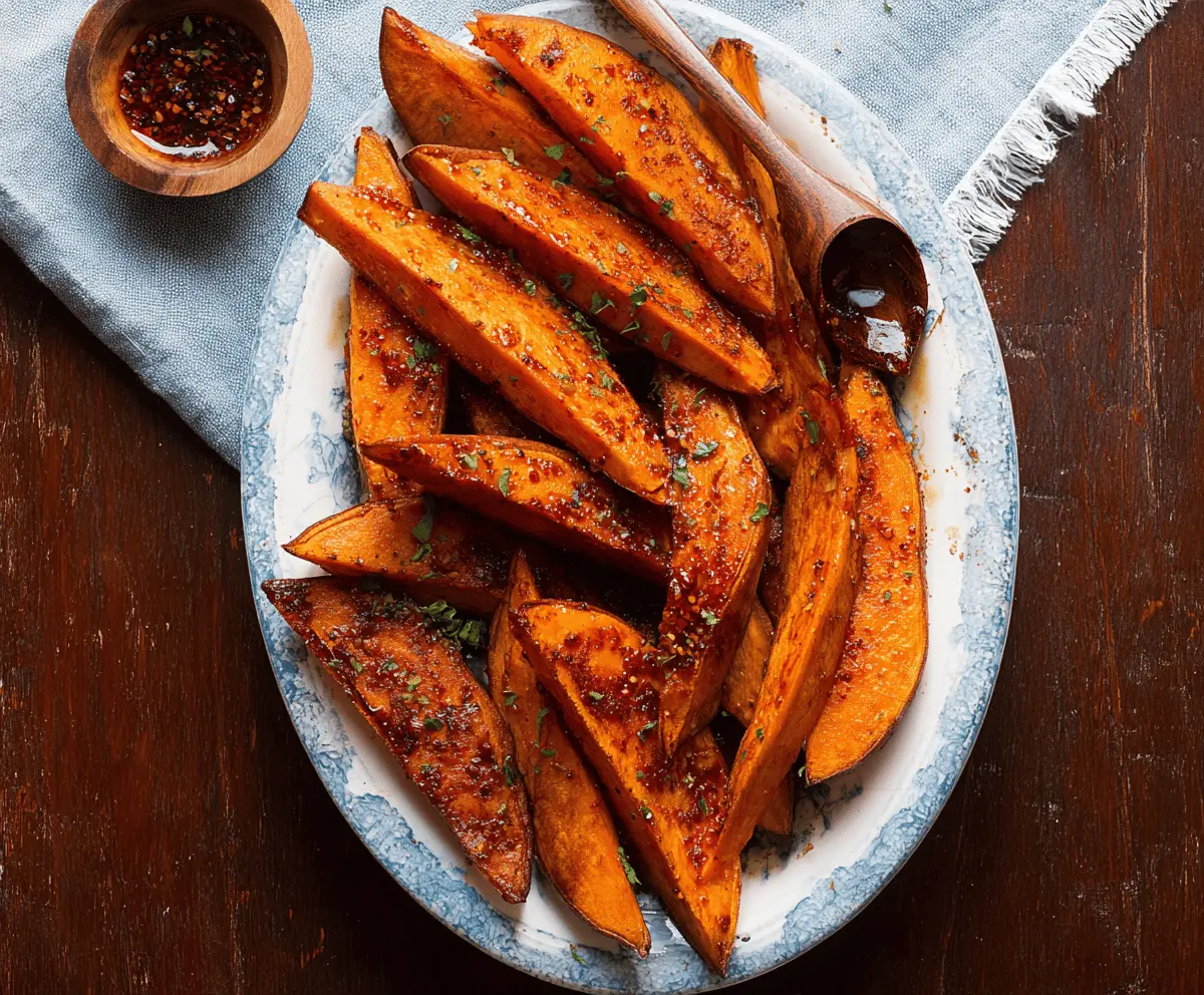 Delicious Maple Chili Sweet Potato Wedges on a platter, showcasing a crispy exterior and vibrant orange color.