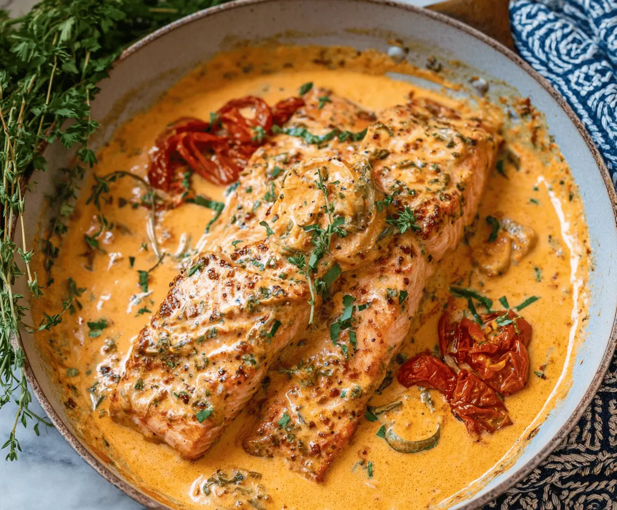 Delicious Marry Me Salmon topped with creamy tomato herb sauce served on a plate, garnished with fresh herbs and lemon wedges
