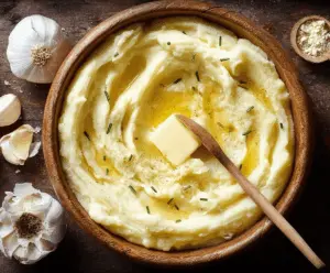 Creamy mashed potatoes served in a rustic bowl, perfect for comfort food lovers.