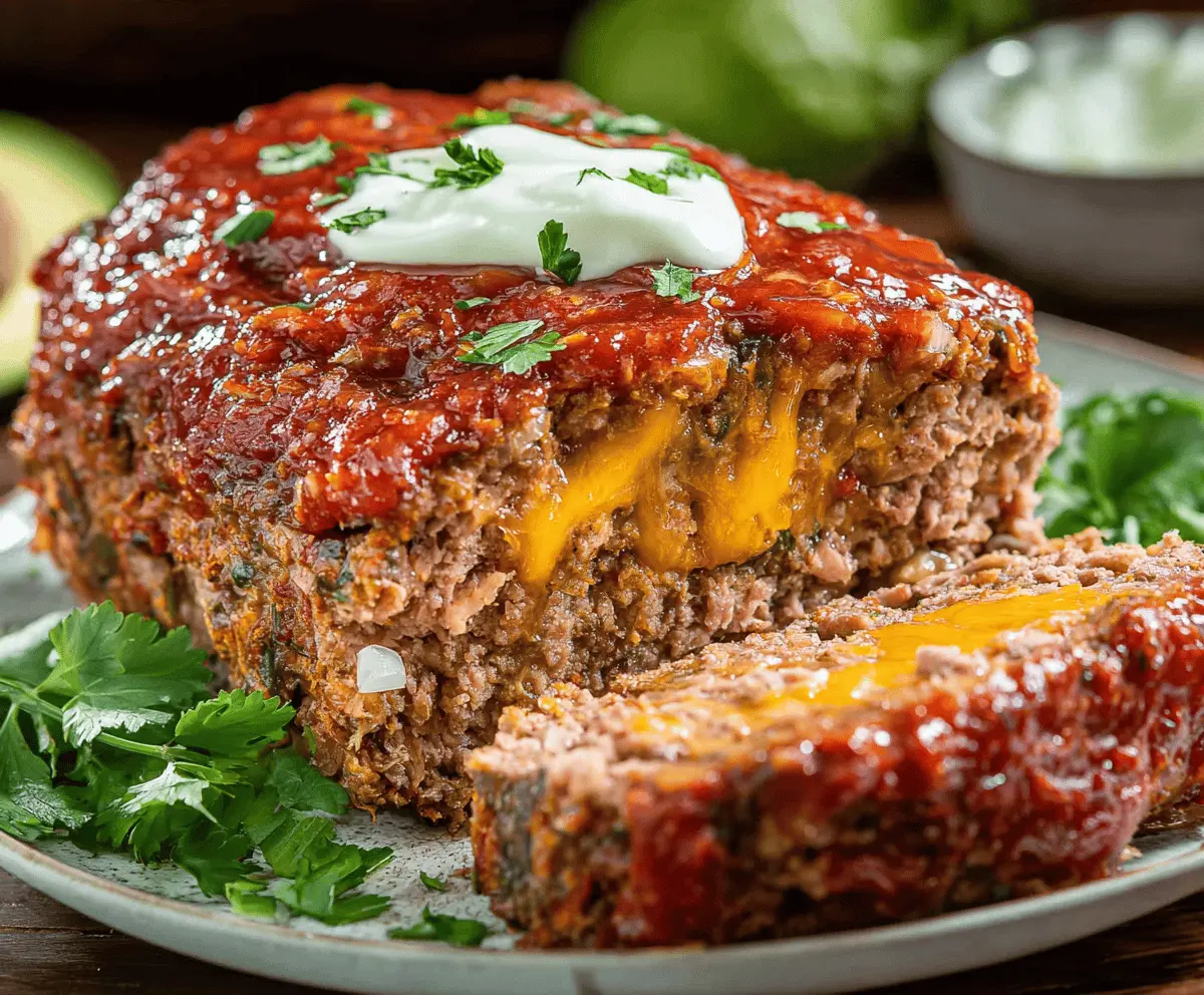 Delicious Mexican Meatloaf topped with melted cheese, garnished with fresh herbs, served on a plate with colorful sides