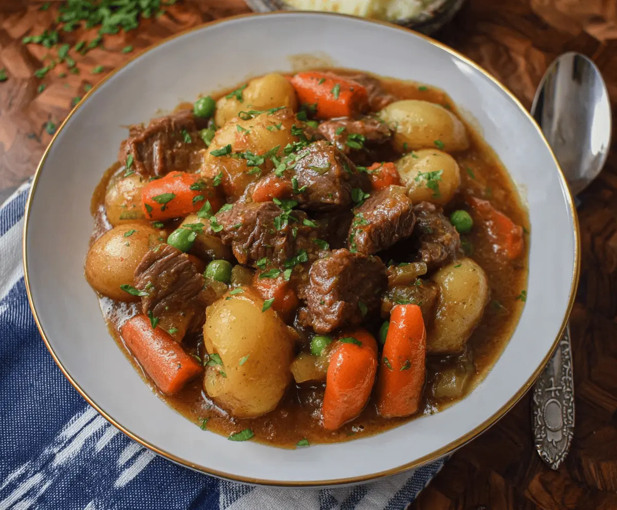 Hearty Mississippi Beef Stew with tender beef chunks, vegetables, and flavorful broth served in a rustic bowl.