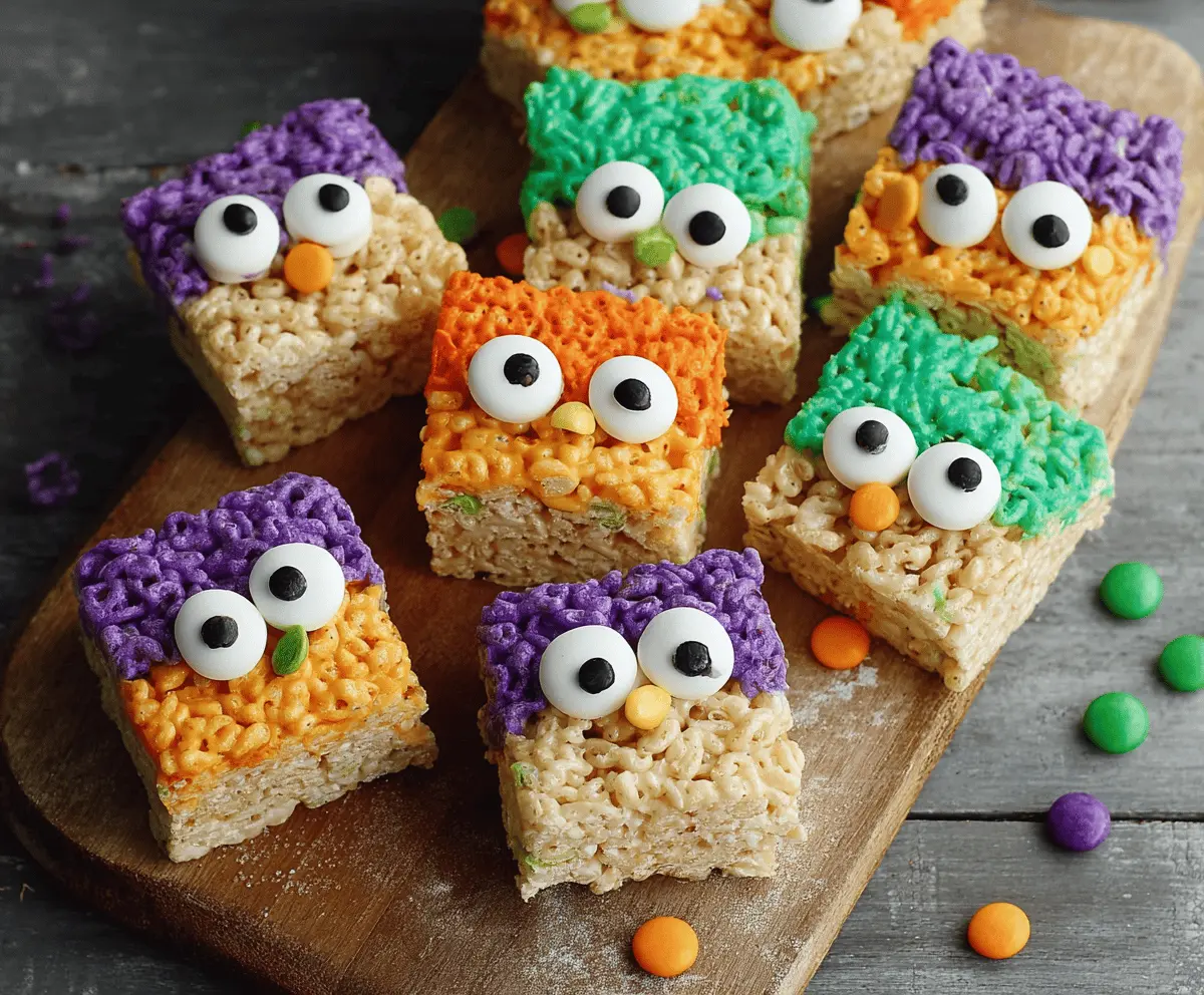 Colorful Monster Rice Krispie Treats with bright green and purple icing, gummy eyes, and fun monster faces for a spooky-themed snack