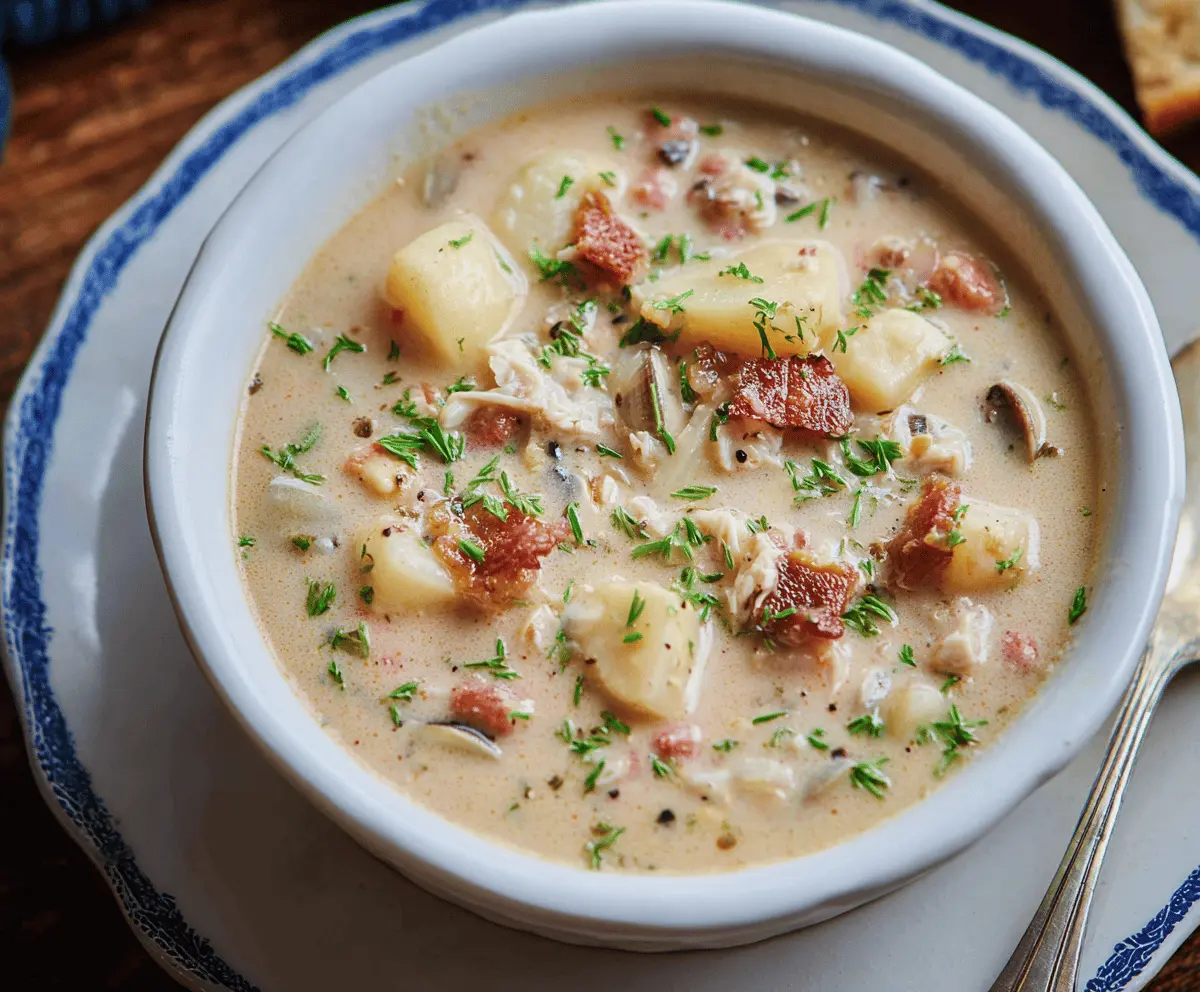 Creamy New England Clam Chowder served in a bowl with fresh clams, potatoes, and garnished with parsley, perfect for a comforting seafood meal.