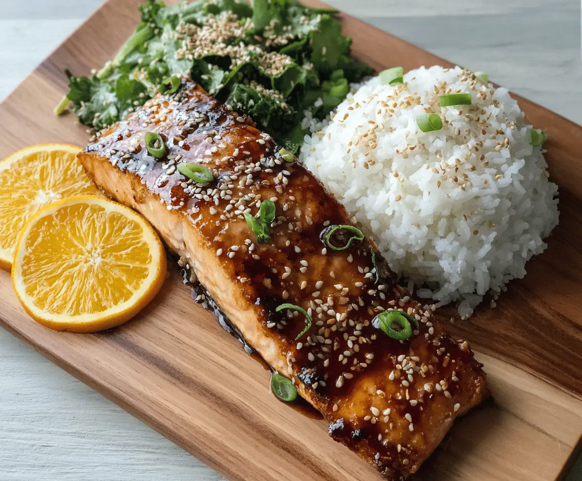 Juicy orange teriyaki salmon fillet garnished with orange slices and fresh herbs on a plate