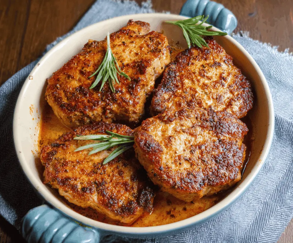 Juicy oven-baked pork chops served with fresh herbs on a baking sheet, ready to enjoy.