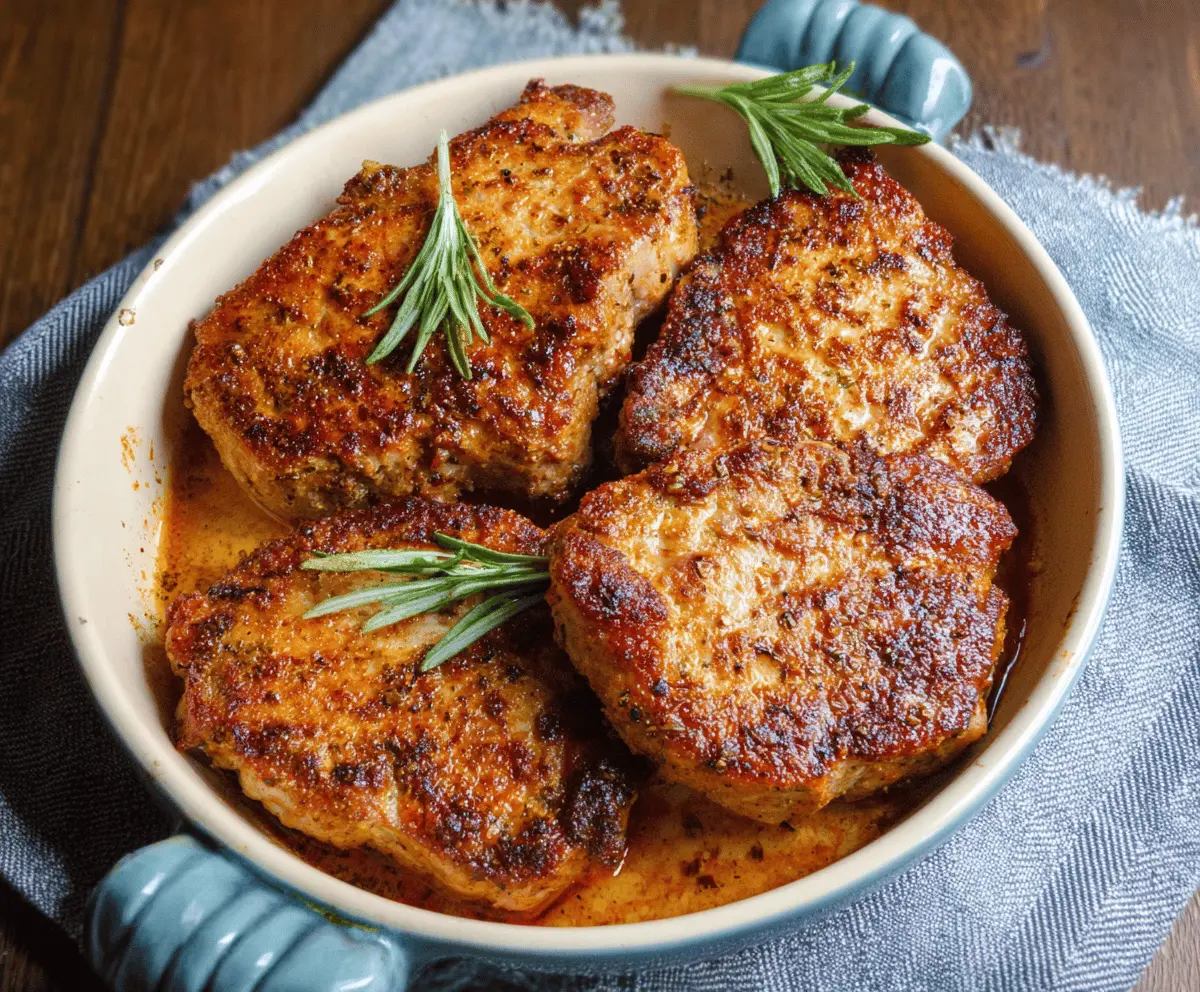Juicy oven-baked pork chops served with fresh herbs on a baking sheet, ready to enjoy.