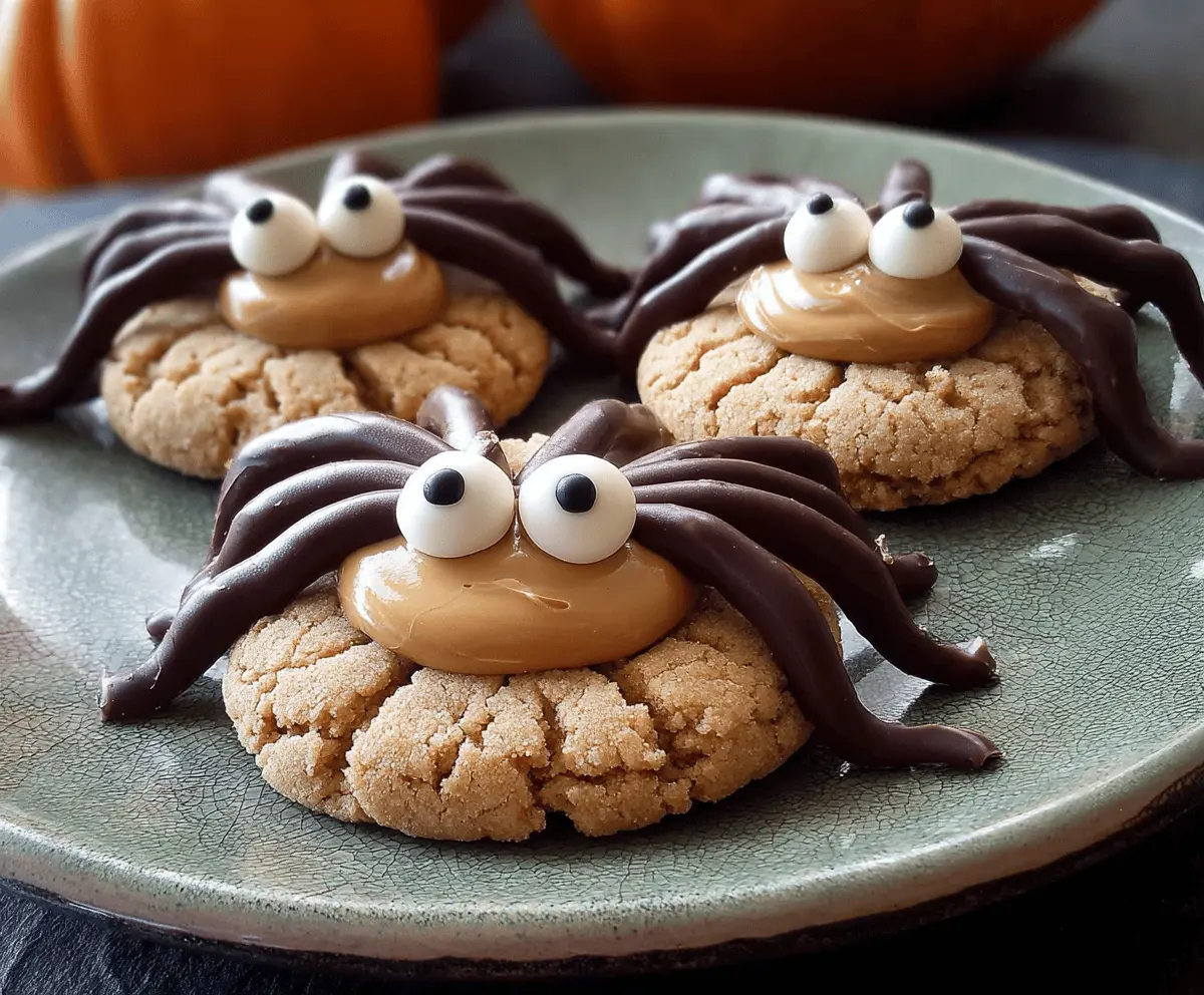 Delicious homemade Peanut Butter Spider Cookies with chocolate spider decorations on top, perfect for Halloween treats