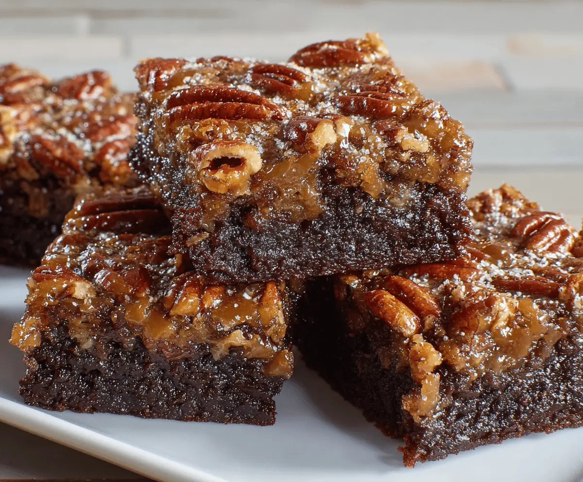 Delicious Pecan Pie Brownies with gooey chocolate, crunchy pecans, and a rich caramel topping on a rustic wooden surface