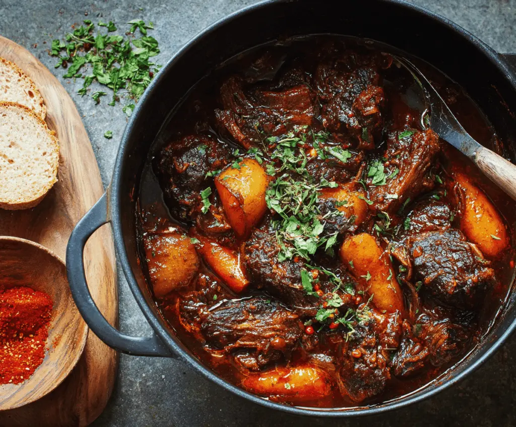 Hearty Pepper Pot Beef Stew in a rustic bowl with tender beef, peppers, and spices, served with fresh herbs for a flavorful and comforting meal.