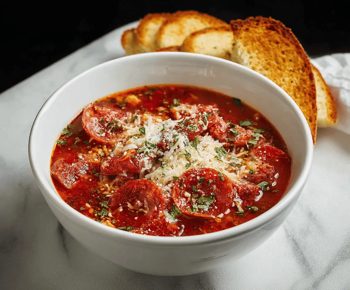 A steaming bowl of Pepperoni Pizza Soup topped with melted cheese, crispy pepperoni slices, and fresh herbs, showcasing a delicious, hearty meal.