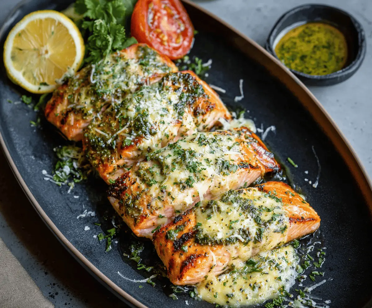 Delicious Pesto Butter Salmon fillet garnished with fresh herbs, perfect for a healthy dinner.