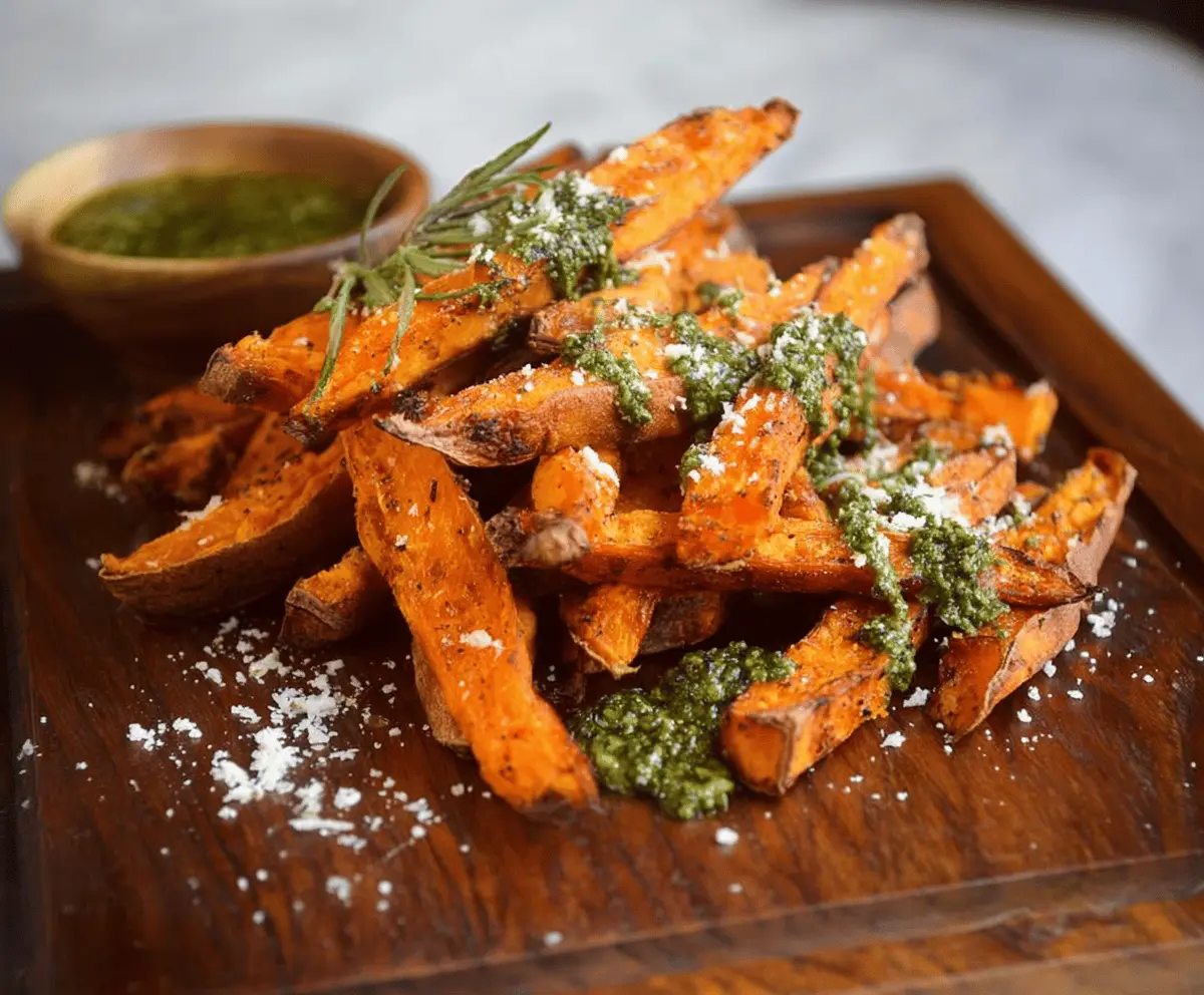Crispy pesto sweet potato fries served with fresh basil and a dipping sauce on a rustic wooden platter