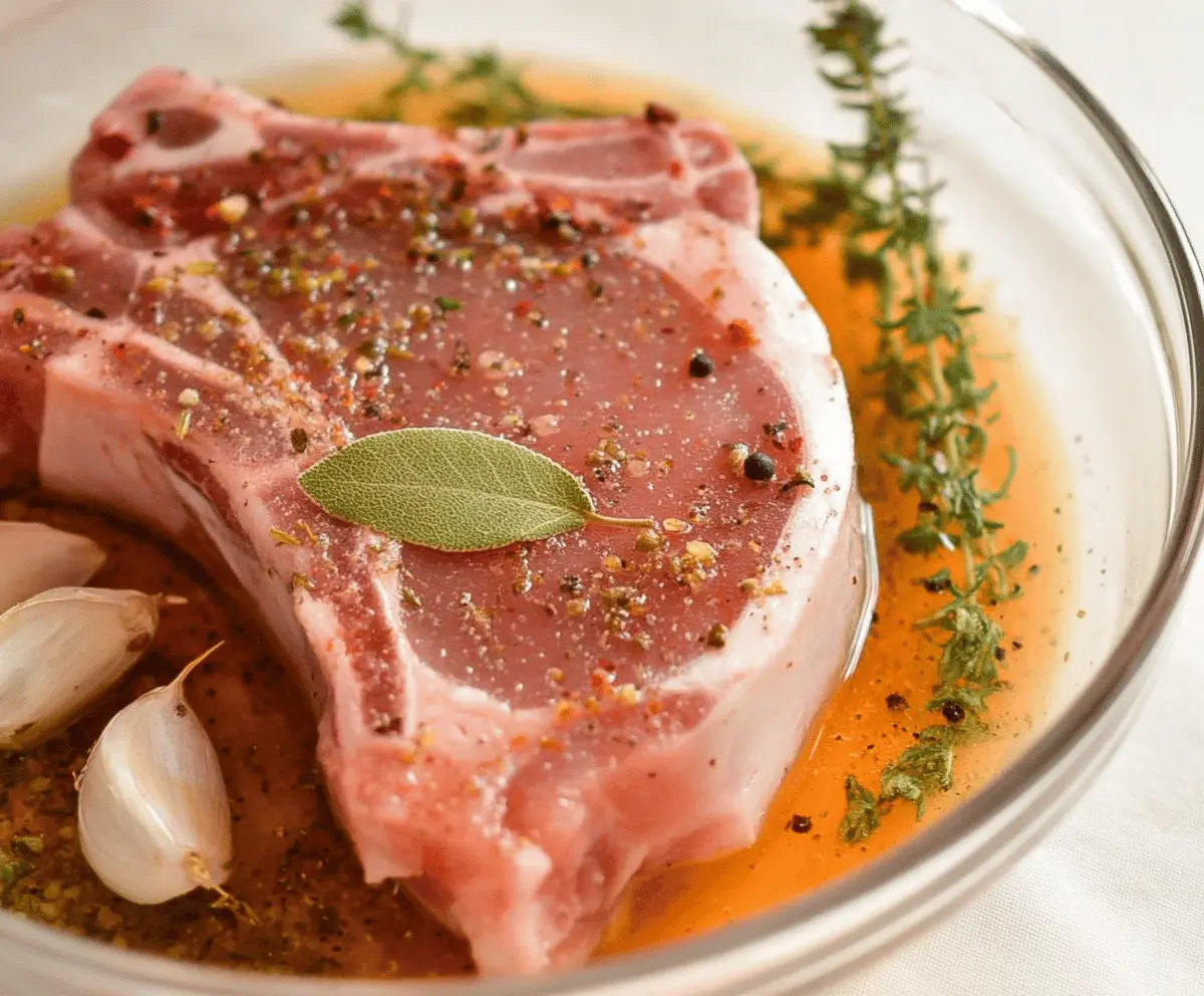 Juicy pork chop brine with herbs and spices soaking in a glass bowl for flavorful, tender pork chops