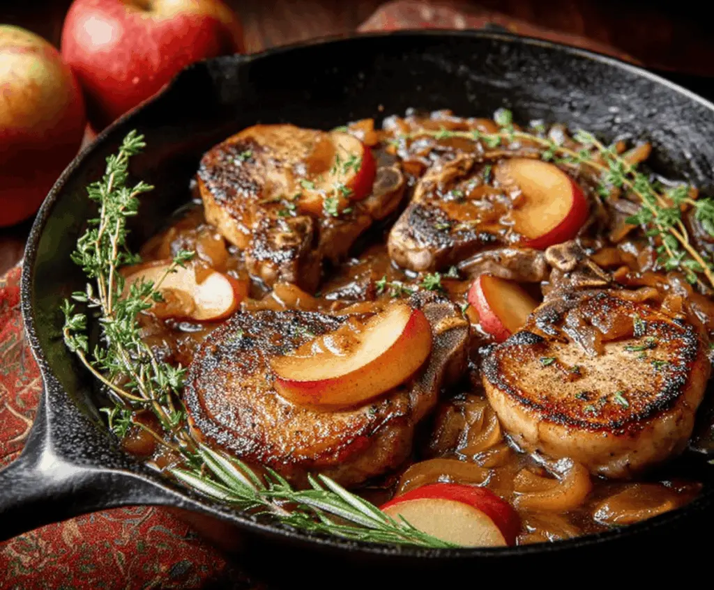 Juicy pork chops cooked in apple cider sauce garnished with fresh herbs, served on a plate for a flavorful and comforting meal.
