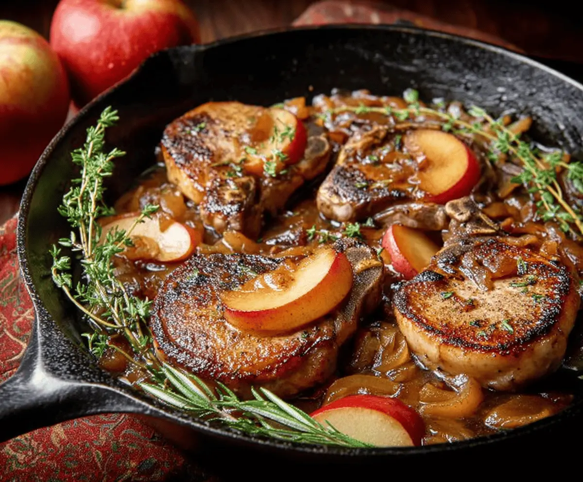 Juicy pork chops cooked in apple cider sauce garnished with fresh herbs, served on a plate for a flavorful and comforting meal.