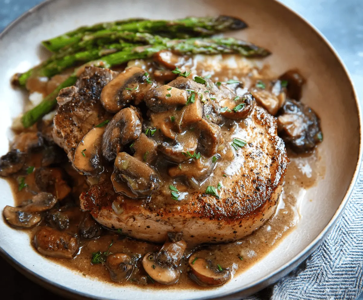 Juicy pork chops topped with creamy mushroom gravy served on a rustic plate.