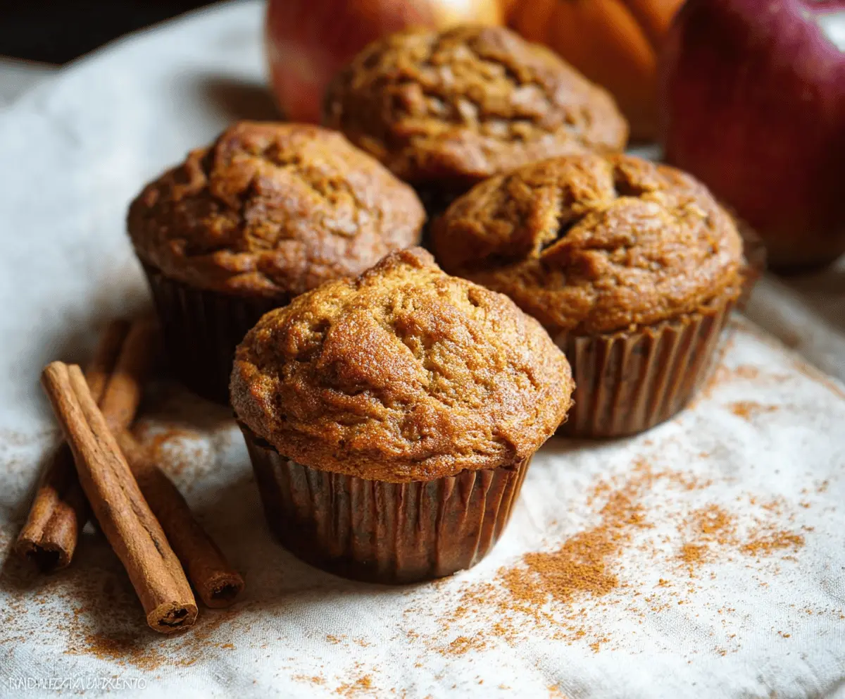 Delicious Pumpkin Apple Cinnamon Muffins topped with cinnamon and chopped apples, perfect for fall baking.