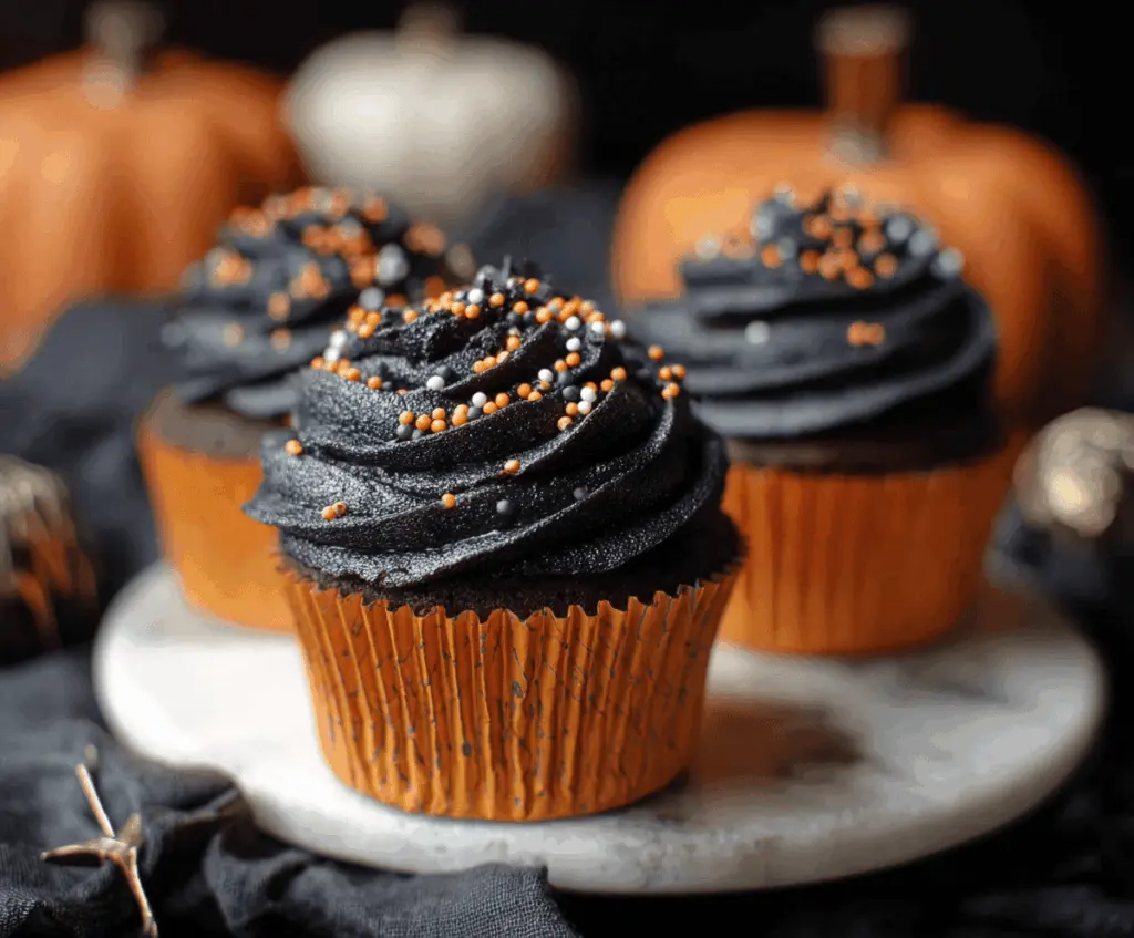 Decorative Pumpkin Black Velvet Cupcakes topped with orange frosting and sprinkles, perfect for fall desserts