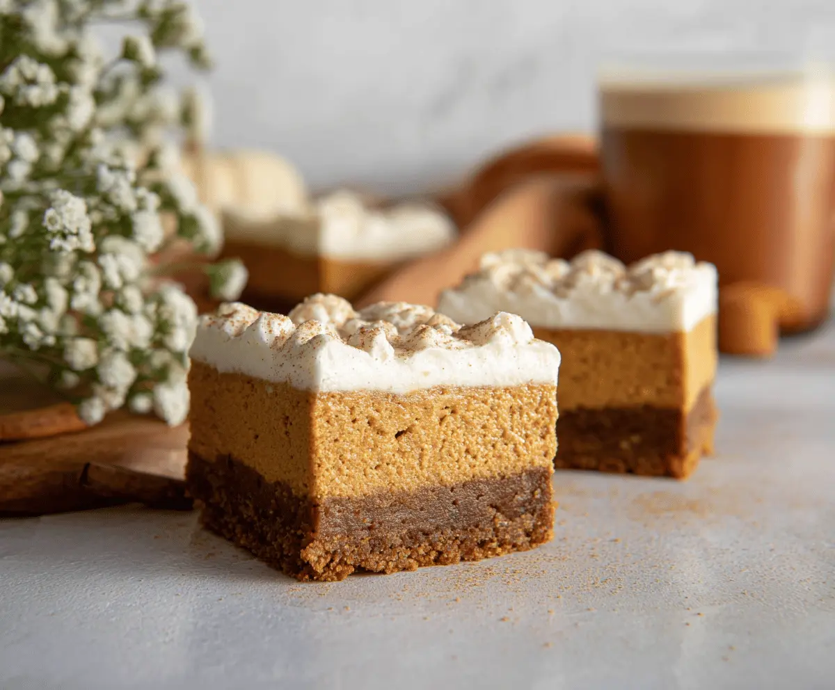 Creamy pumpkin blondie cheesecake bars topped with whipped cream and fall spices, perfect for seasonal dessert cravings.