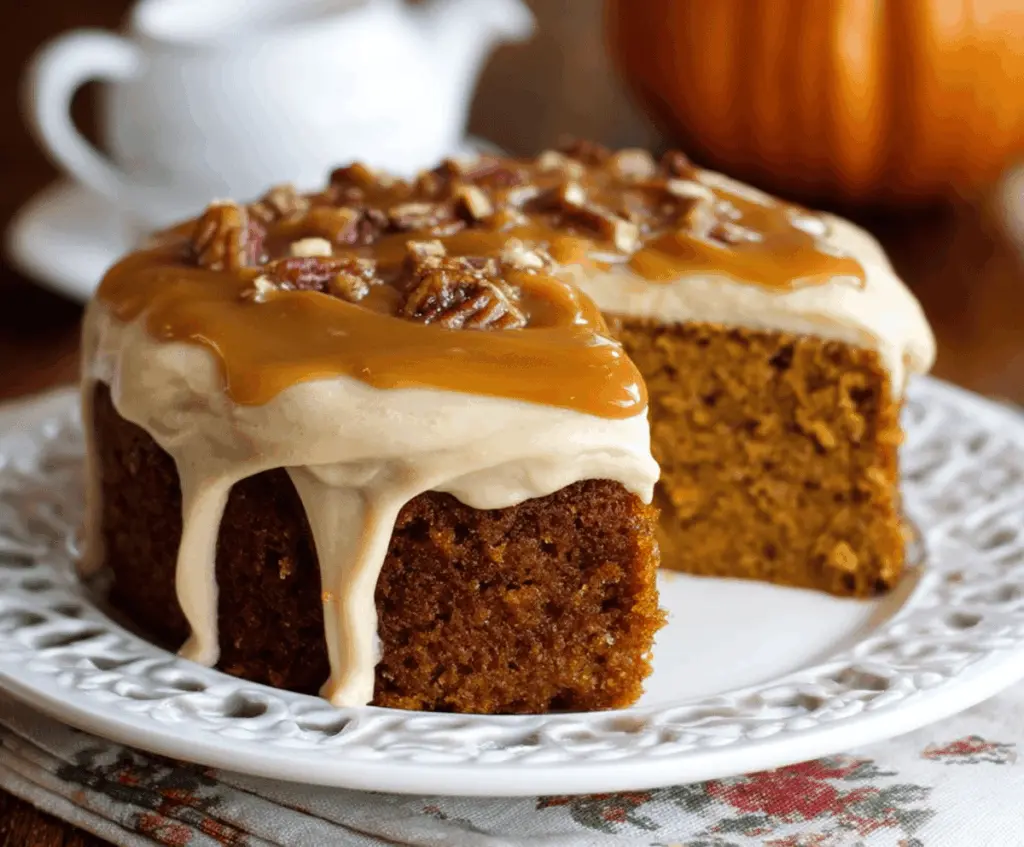 Delicious pumpkin cake topped with creamy caramel cream cheese frosting, perfect for fall celebrations and dessert gatherings