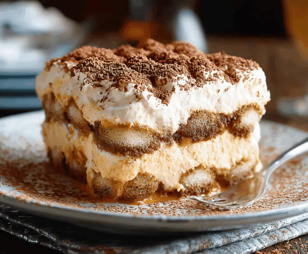 Delicious Pumpkin Chai Tiramisu layered dessert with pumpkin, chai spices, and creamy mascarpone, perfect for fall celebrations.
